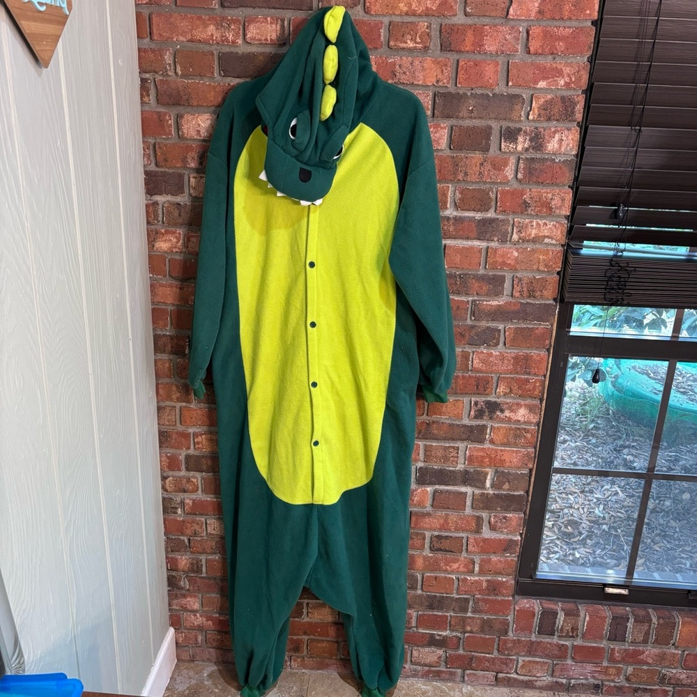 Silver Lilly mens one piece button up dragon dinosaur costume pajamas green XXL